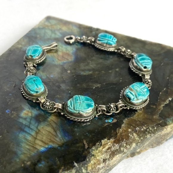 VTG Sterling Silver 925 Faience Glazed Ceramic Blue Scarab Link Bracelet 7" - Picture 12 of 16